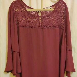 Signature Collection Burgundy Blouse Shirt Top Lace Bell Sleeve Women's XXL 1X